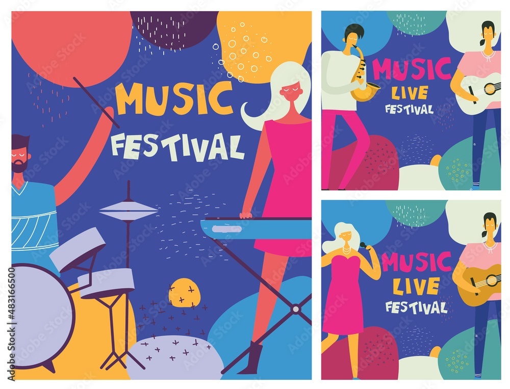 Colorful jazz festival musicians singers and musical instruments poster set flat isolated vector illustration