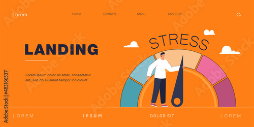 Tired business person reducing level of stress. Cartoon character pulling arrow, measure of stress at work flat vector illustration. Stress, crisis, pressure concept for banner or landing web page