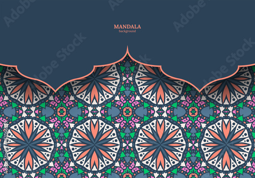 Vector vintage decor, ornate seamless borders and round mandala. Vignettes with arches, rosettes, floral elements. Eastern style design. Ethnic decoration. Indian, Pakistani, Turkish, Arabic motifs.