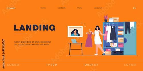 Woman getting clothes from wardrobe and choosing outfit in front of computer using online recommendations. Personal stylist helping to make choice flat vector illustration. Fashion consultant concept