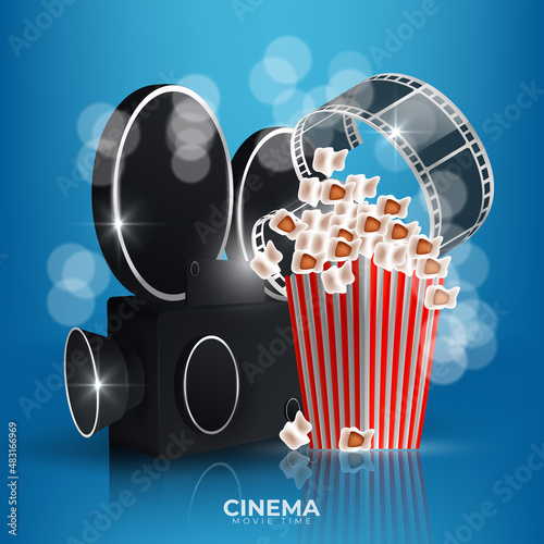 Movie time vector illustration. Cinema poster concept on blue round background. Composition with popcorn, clapperboard, 3d glasses and filmstrip. Cinema banner design for movie theater.