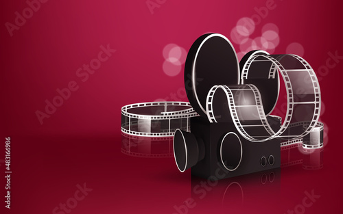 Movie time vector illustration. Cinema poster concept on red round background. Composition with popcorn, clapperboard, 3d glasses and filmstrip. Cinema banner design for movie theater.