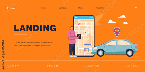 Man tracking taxi driver cab on tablet map. Guy using device for car location with GPS system app. Male checking navigation on smartphone booking taxi. Cartography display. Flat vector illustration.