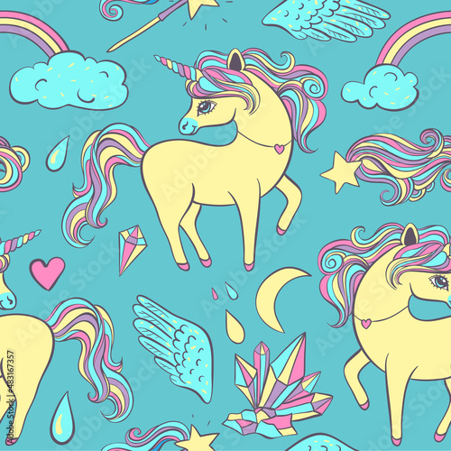 Cute seamless childish pattern with unicorns, moon, crystals. Perfect texture for fabric, wrapping paper, textile, wallpaper, apparel and other. Vector illustration EPS10