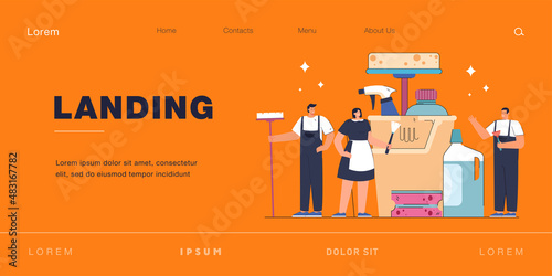 Tiny team of cleaners and huge professional equipment. Flat vector illustration. Men and women in uniforms cleaning up, removing dirt professionally. Cleaning service, staff concept for banner design