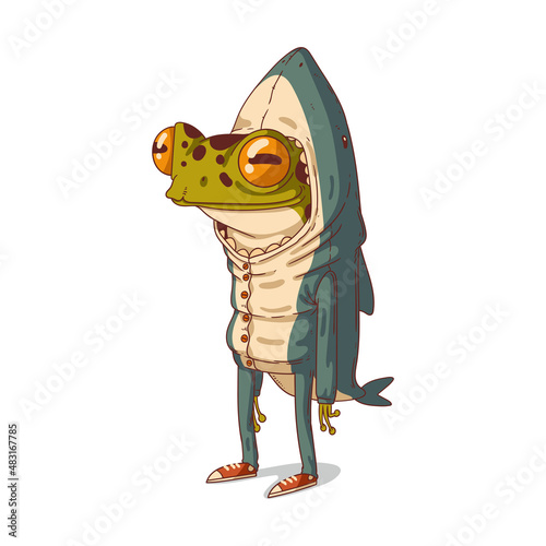A frog dressed as a shark, isolated vector illustration. Standing humanized frog in a shark costume. Calm anthropomorphic frog, wearing a shark pajama. An animal character with a human body. © Kyyybic