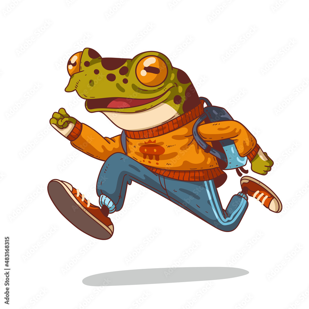 Vecteur Stock A student frog running in a hurry, vector illustration.  Humanized teenage frog. Funny excited anthropomorphic frog with a backpack,  running forward in a jump. An animal character with a human