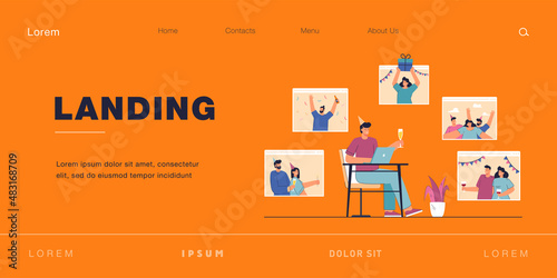 Home celebration via video call flat vector illustration. Man sitting in front of computer with glass of wine, communicating with family and friends online. Quarantine, virtual party, birthday concept
