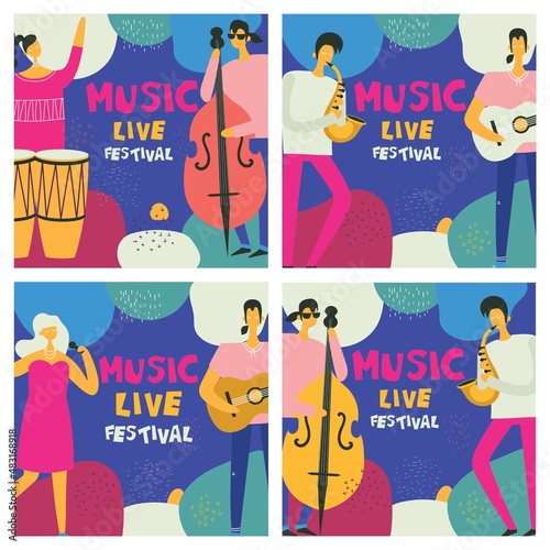 Sticker Colorful jazz festival musicians singers and musical instruments poster set flat