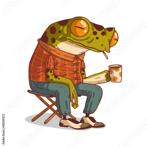 Exhausted humanized frog, vector illustration. Tired anthropomorphic frog, sitting on folding chair, smoking a cigarette, and holding a mug of tea or coffee. An animal character with a human body.