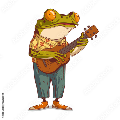 A frog playing guitar, vector illustration. Humanized musician frog. Cheerful anthropomorphic frog, wearing summer outfit and playing guitar with a glad face. An animal character with a human body.