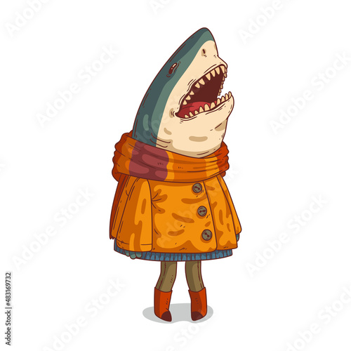 A girl shark, isolated vector illustration. Cartoon humanized hipster shark. Anthropomorphic warm dressed female shark standing still with open mouth. An animal character with a human body.