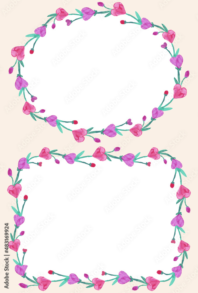 Decorative borders from watercolor pink and red abstract flowers in heart shapes