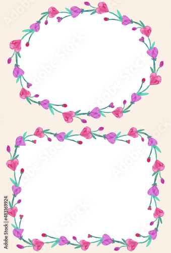 Fototapeta Naklejka Na Ścianę i Meble -  Decorative borders from watercolor pink and red abstract flowers in heart shapes