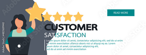 Concept of feedback, testimonials messages and notifications. Rating on customer service illustration. Five big stars with reviewer. Flat vector	
