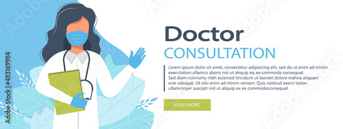 Doctor consultation website banner. Female doctor wearing a medical mask and gloves. Coronavirus COVID-19 prevention concept. Vector illustration in flat style