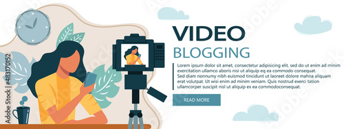 Vector cartoon illustration of female presenter at home make live video. Podcaster and broadcaster concept. Woman make blog, vlog	
