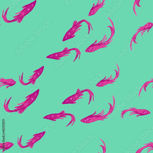 Seamless background of watercolor drawings pink floating fishes flock © aremihc