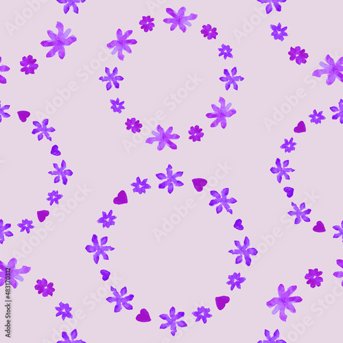 Seamless pattern of floral wreath from watercolor purple daisies with heart shapes