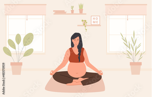 Pregnant woman meditating at home. Prenatal yoga. Woman sitting with legs crossed practicing meditation in her room or apartment. Relaxing exercise during pregnancy. Flat style vector illustration.