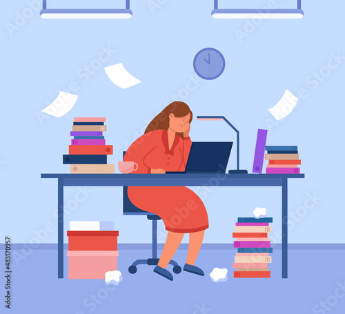 Tired busy female secretary sitting at table in office. Overworked woman sitting at desk with piles of files on it, looking at laptop screen and working hard flat vector illustration. Stress concept