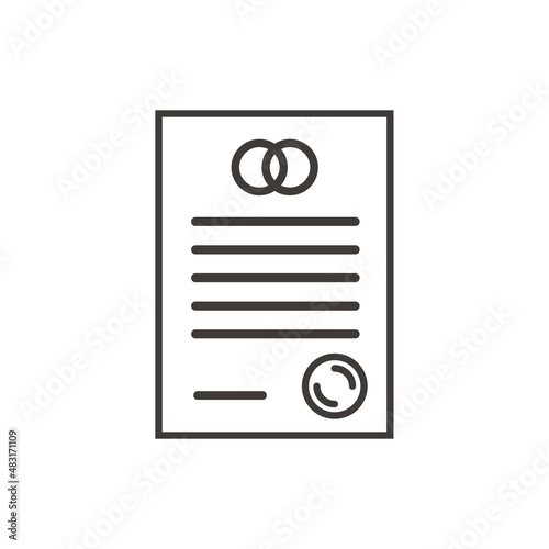 Marriage certificate outline icon. Prenup contract. Prenuptial agreement form with notary stamp. Marital or divorce document. Vector illustration isolated on white.