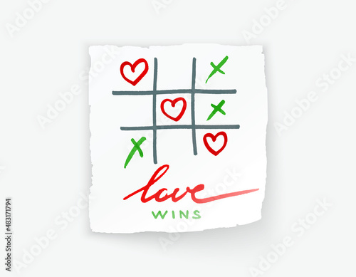 happy Valentines day banner with Tic-tac-toe game on Corrugated fiberboard background with pencil hearts. Valentines day illustration noughts and crosses game drawn love wins cardboard and flat paper