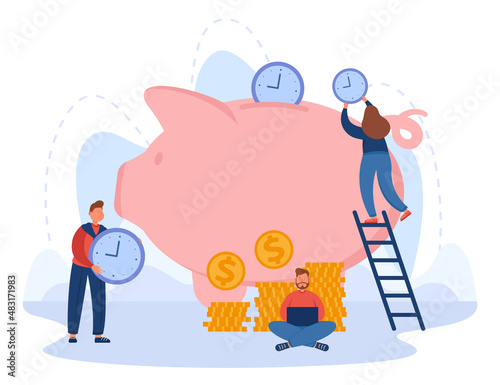 Tiny people putting clocks in money box flat vector illustration. Time turning into finance or income. Women and men taking care of work organization, planning tasks. Business, time management concept