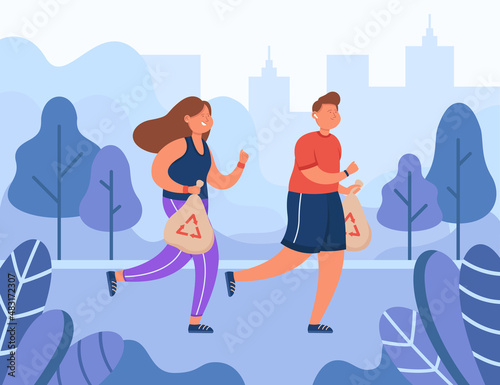 Couple jogging with garbage bag in park flat vector illustration. Male and female athletes in sportswear taking care of environment, collecting trash for eco recycling. Plogging, society concept