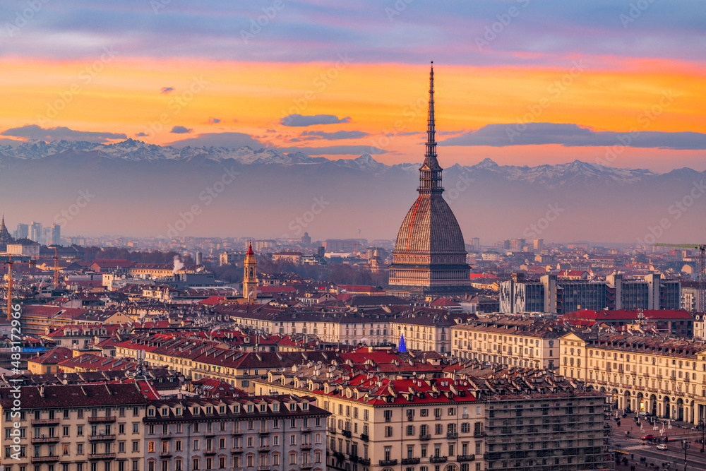 Turin, Piedmont, Italy Skyline at Dusk