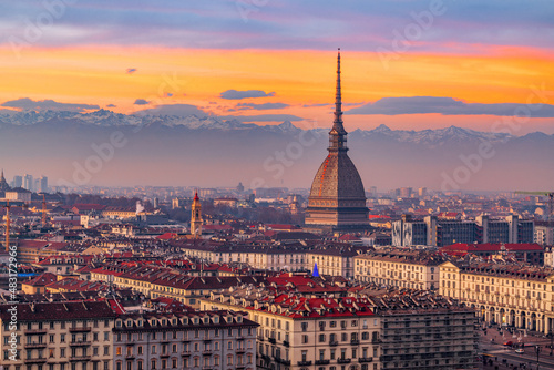 Turin  Piedmont  Italy Skyline at Dusk