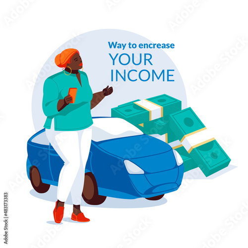 The concept of passive income. A black woman stands with a smartphone in her hand near the car. In the background are large bundles of dollars..Income growth concept. Flat vector illustration.