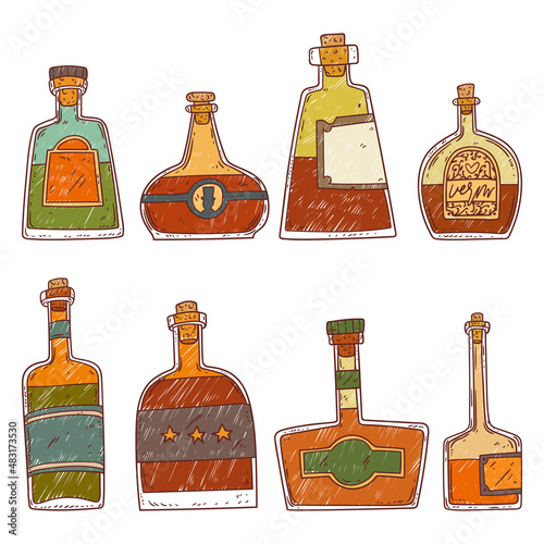 Vector set of isolated cartoon bottles. Bar menu. Contour illustration of vintage glass bottles with strong alcohol colored with scribbles. Doodle phials and vials and with blank labels.