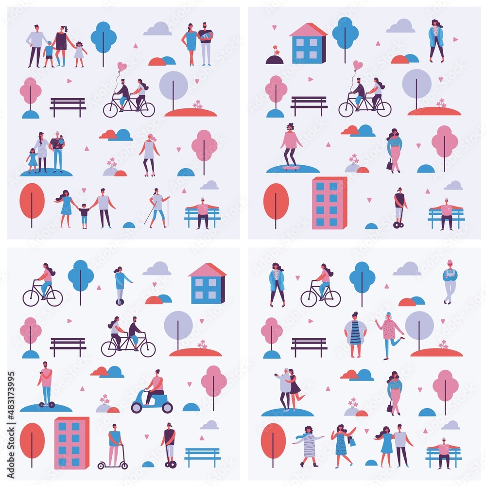 Vector illustration in flat design of group people outdoor in the park on weekend