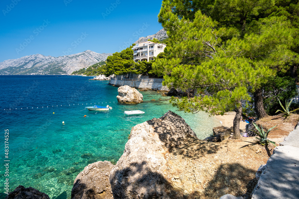crystal clear water in adriatic sea in Brela on Makarska riviera in Dalmatia region in Croatia