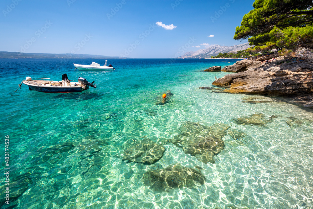 crystal clear water in adriatic sea in Brela on Makarska riviera in Dalmatia region in Croatia
