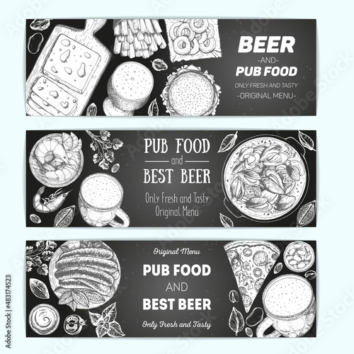 Banner set for beer pub or beer restaurant. Vector illustration in sketch style. Hand drawn banners. Engraved style image.
