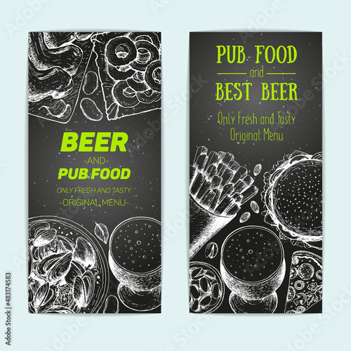 Banner set for beer pub or beer restaurant. Vector illustration in sketch style. Hand drawn vertical flyers. Engraved style image