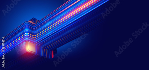 Quantum flow of information. Strings, beams of digital flow. CPU, processor and data loop. Tension, heat, work overload. Neon stream 3D illustration photo