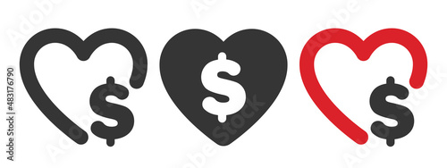 Donation icons. Heart with a dollar sign. Charity icons. Donations related signs. Vector illustration