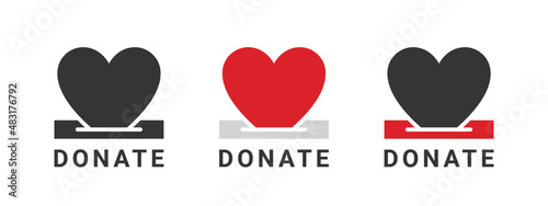 Donation icons. Hearts donation badges. Charity icons. Donations related signs. Vector illustration
