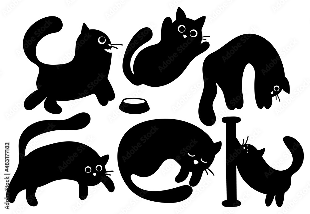 Collection of vector stickers of cute black silhouettes of cats
