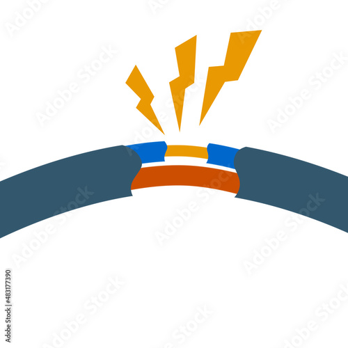 Blue damaged cable with red wire. Orange lightning and the spark. Broken line. faulty electrical appliance. Power Safety rule. Cartoon flat illustration. Electrical shock, short circuit.