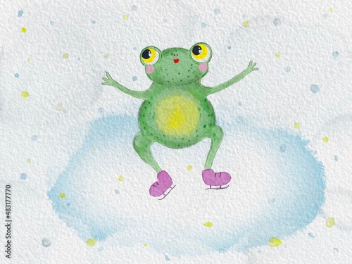 Watercolor frog skating on ice