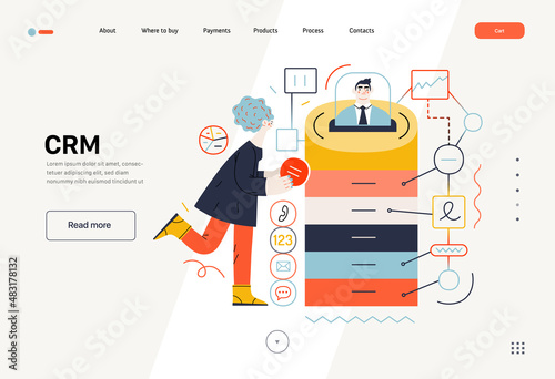 Technology Memphis -CRM Customer Relationship Management -modern flat vector concept digital illustration of data collecting from user and providing result data. Creative landing web page template