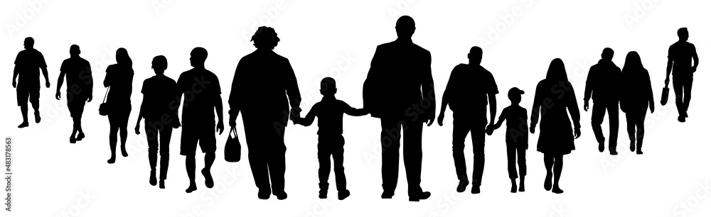 Society, silhouette of family, pensioners, children, couples, men, women. Vector illustration