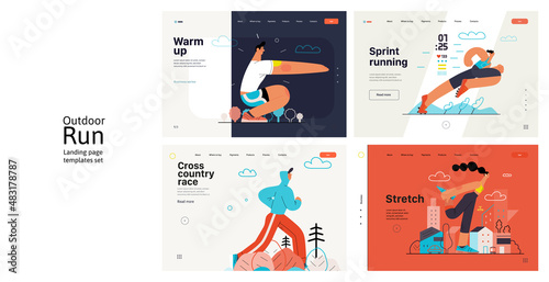 Runners website templates set. Flat vector concept illustrations of athletes running in a park, forest, stadium track or street landscape. Healthy activity and lifestyle. Sprint, jogging, warming up.