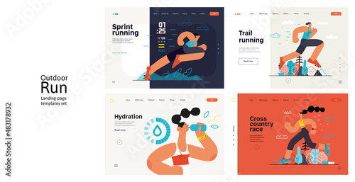 Runners website templates set. Flat vector concept illustrations of athletes running in a park, forest, stadium track or street landscape. Healthy activity and lifestyle. Sprint, jogging, warming up.