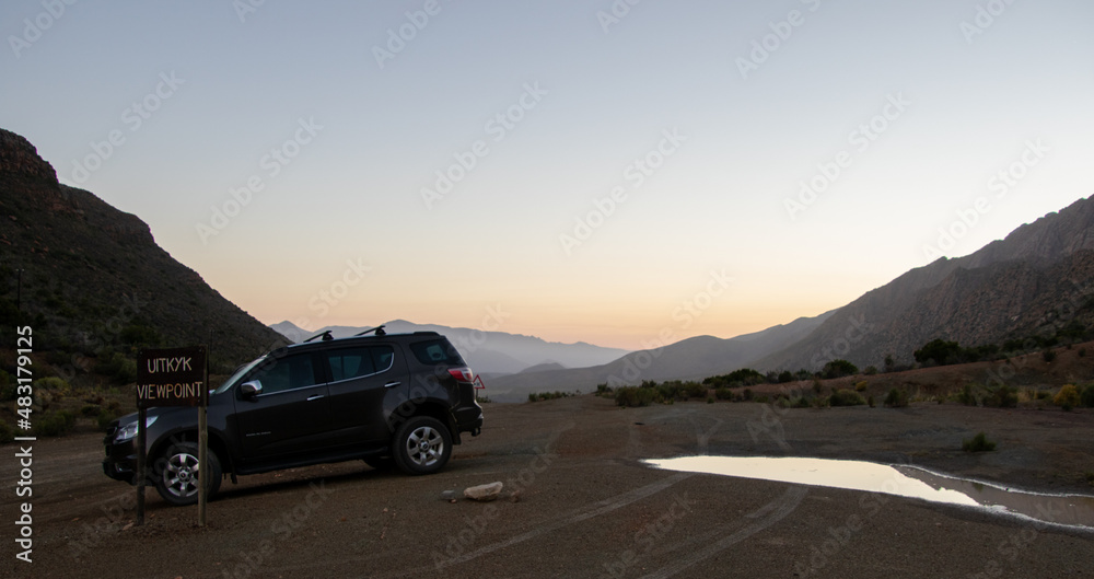 A valley of hills fade into the sunrise in Vleiland in the Central Karoo in the Western Cape province of South Africa