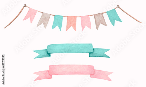 Watercolor hand painted garland with flags, ribbon for inscription in pastel colors. Set of hand-drawn boho design elements for logo, baby textile, nursery decor, children decoration, kids room.